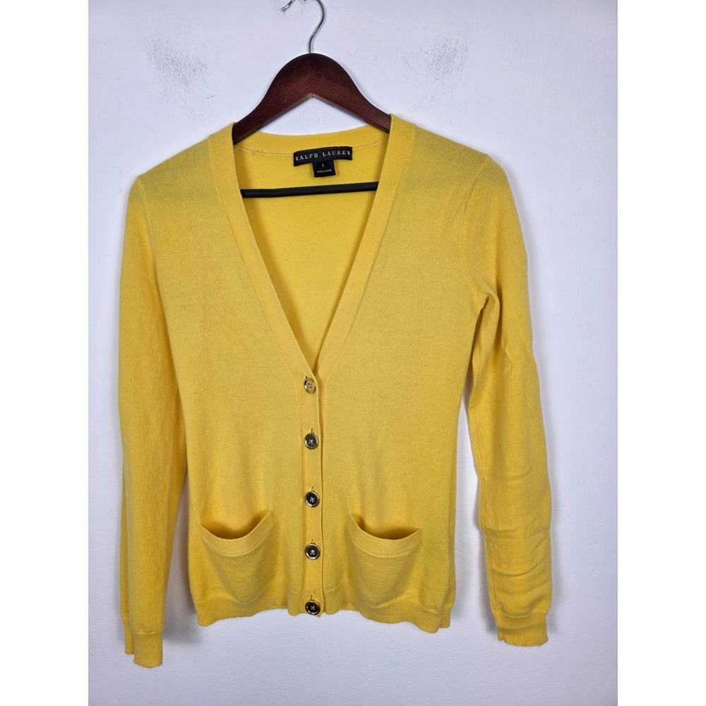Ralph Lauren Womens Yellow Cashmere V Neck Button Front Cardigan Sweater Size S